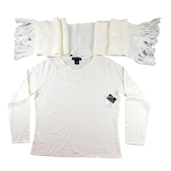 Womens Ivory Sweater V-Neck with Detachable Fringed Neck Scarf NWT JH1414 - Picture 2 of 6